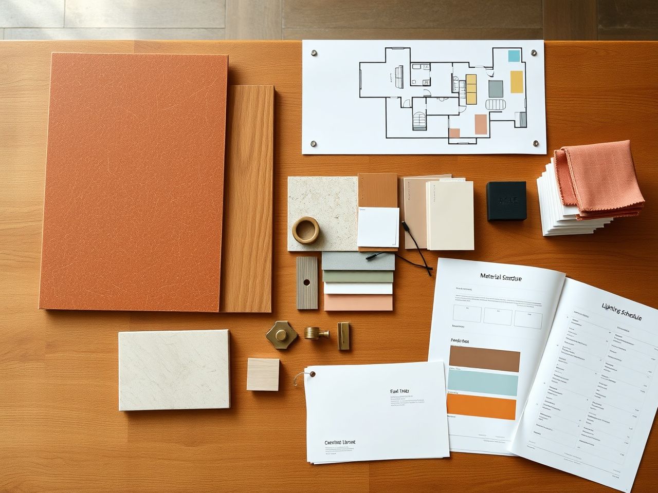 Material library session for a villa interior — terracotta, limestone, oak, brass and ceramic samples on a long table with floor plan and lighting schedule