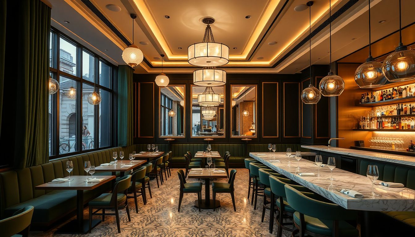 Commercial interior design Barcelona — restaurant interior with brass-trim banquettes, terrazzo floor, suspended pendants and bar zone, Eixample