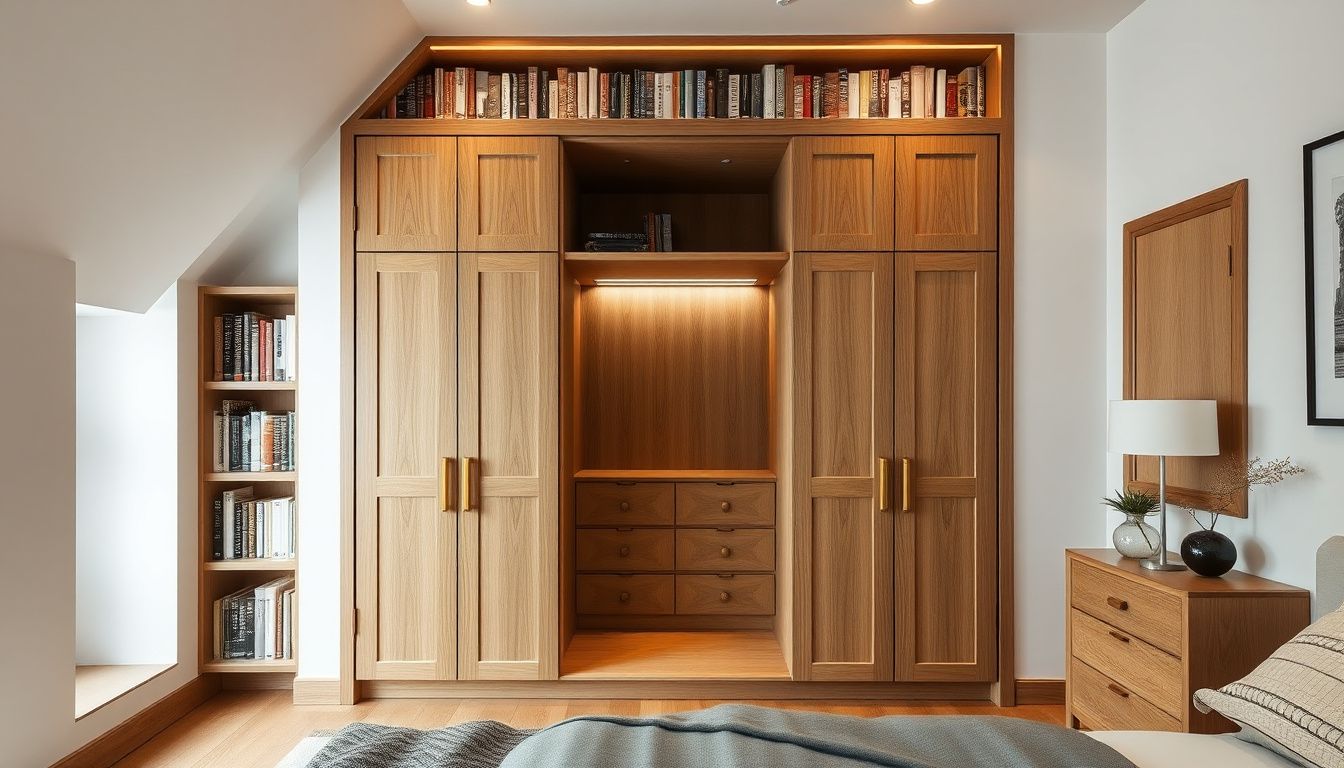 Custom furniture Barcelona — built-in oak wardrobe with brass handles in Eixample alcove, bespoke library shelving along sloped ceiling