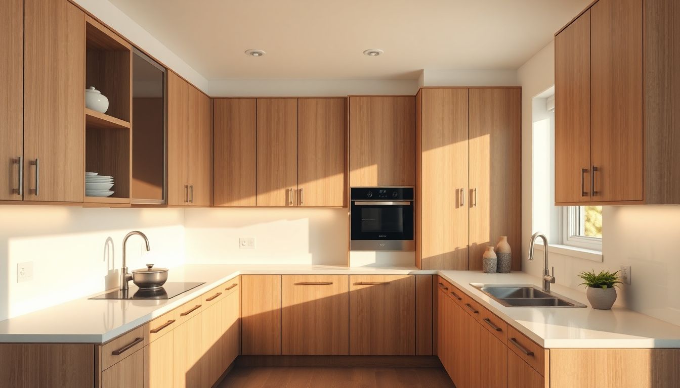 Custom kitchen Barcelona — oak cabinetry with marble island, integrated appliances, brass tap fittings in Eixample apartment