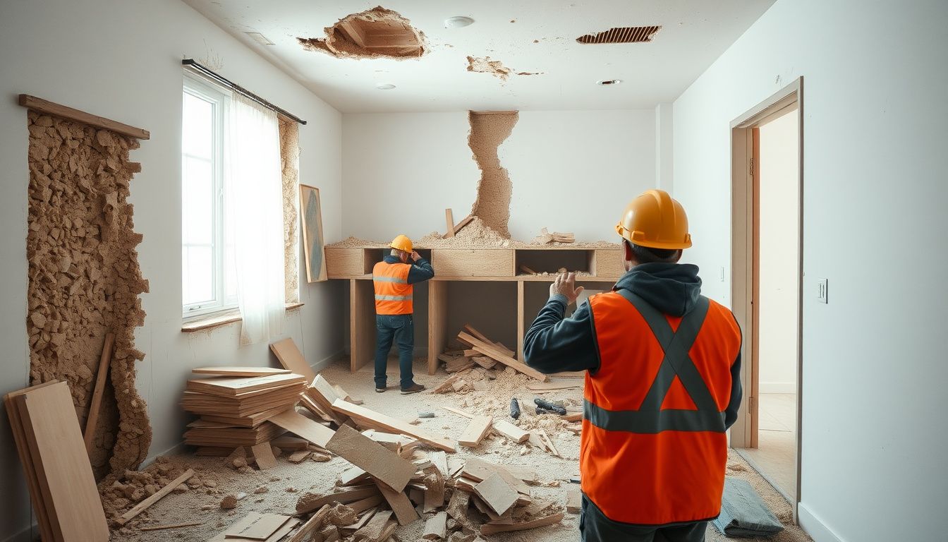 Demolition Barcelona — Eixample apartment gut in progress with plastic sheeting on the doorways, original plaster ceiling moldings protected, debris staged for the saco