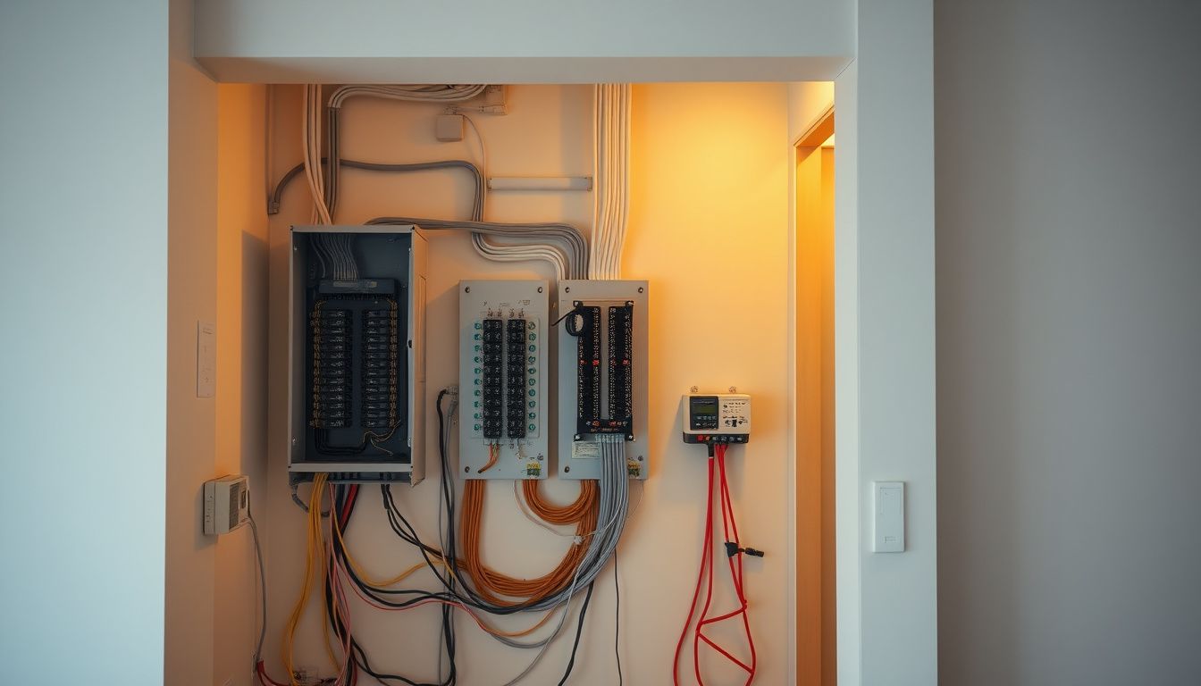 Electrician Barcelona — REBT-certified Dani working on an Eixample apartment electrical panel with new RCDs and circuit breakers