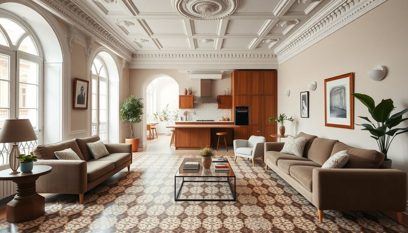Apartment interior design Barcelona — Eixample flat with restored mosaic, oak engineered floor, custom kitchen island and arched balcony doors