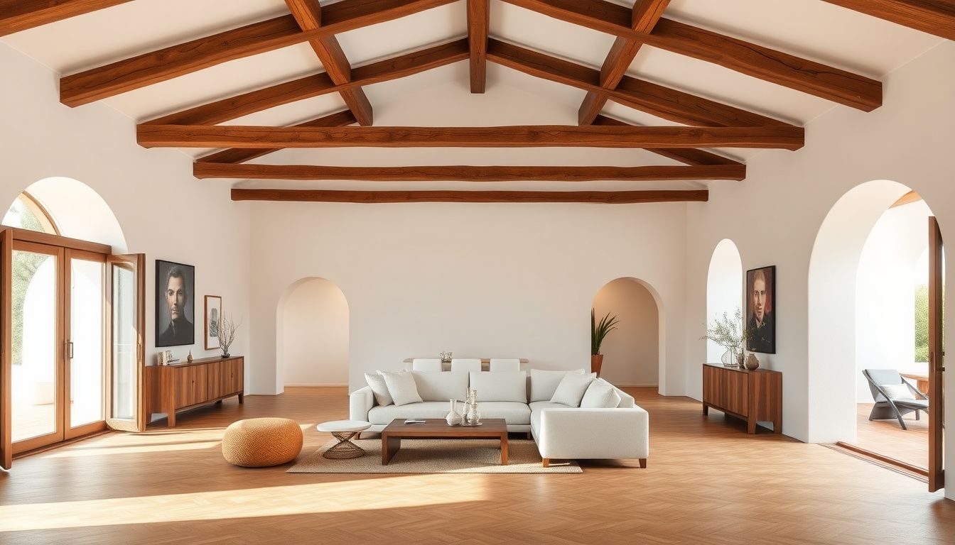 Private house interior design — double-height Mediterranean villa living room with chestnut beam, white-washed walls, oak parquet and arched terrace doors