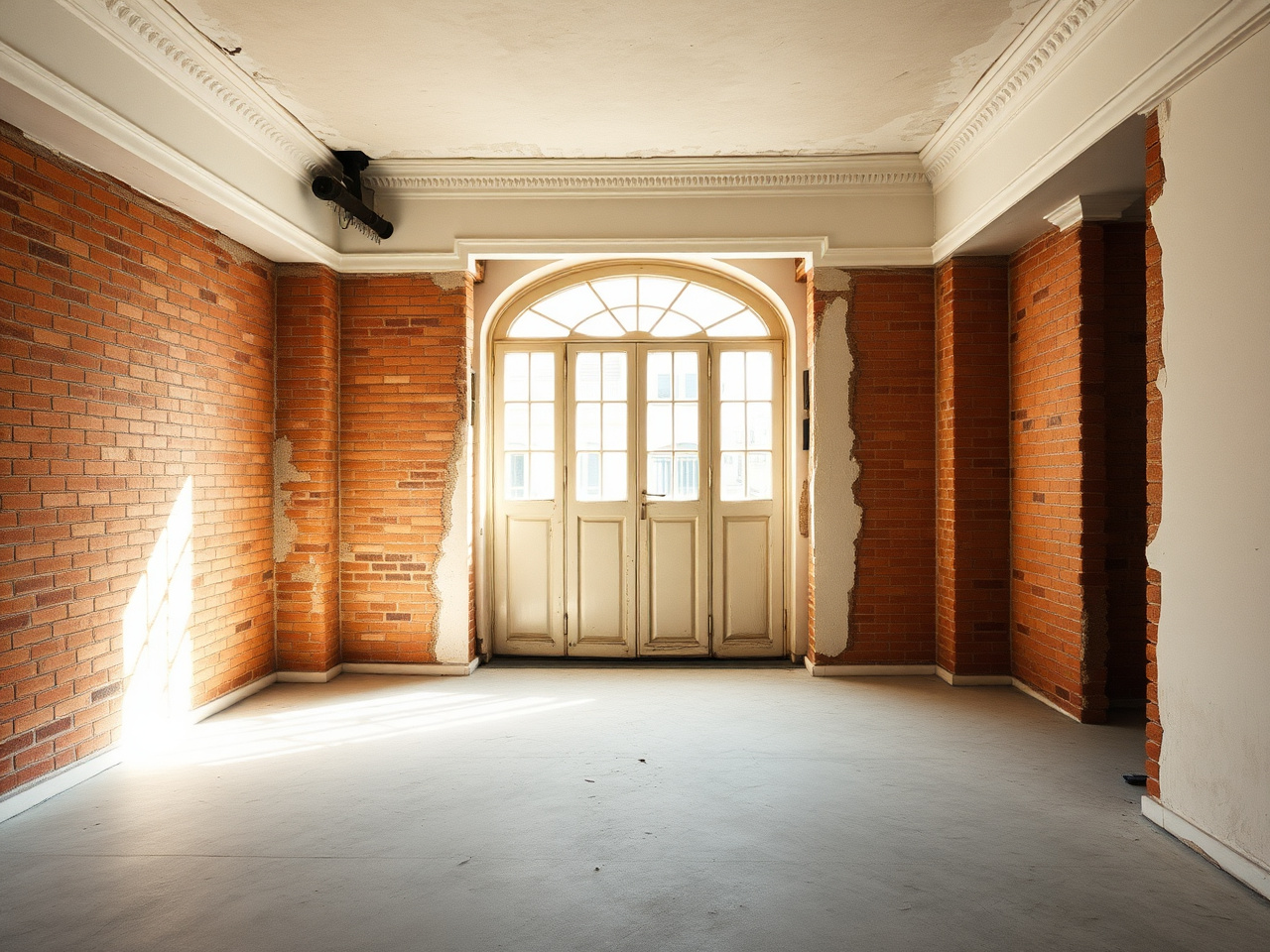 Major renovation in Barcelona — Eixample apartment mid-build with steel I-beam reinforcement and exposed brick