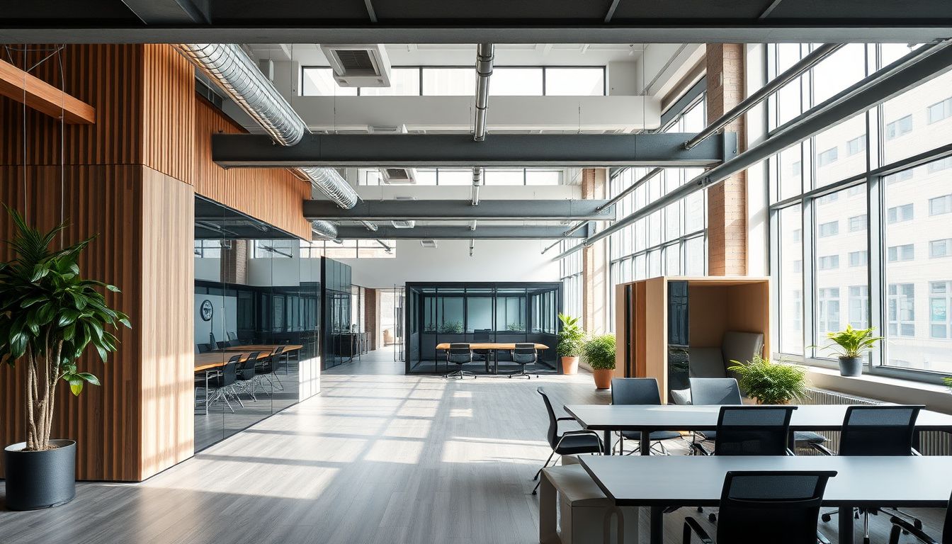 Office interior design Barcelona — open-plan workspace with acoustic baffles, phone-booth pods, glazed meeting rooms and biophilic planting in @22 Poblenou