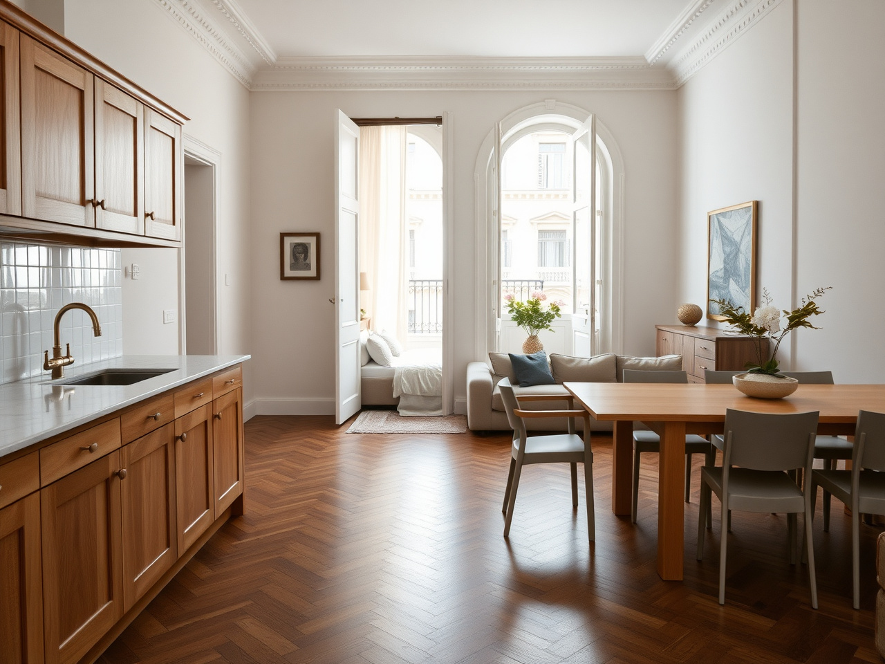 One-bedroom apartment renovation Barcelona — 60 m² Eixample with open kitchen-living, separate bedroom, restored mouldings