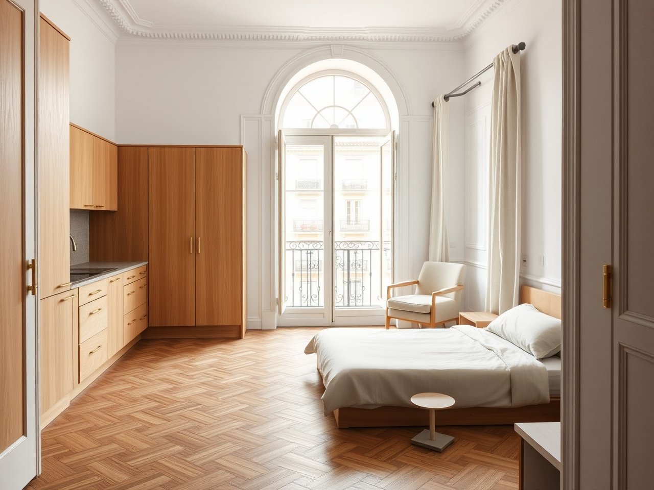 Studio apartment renovation in Barcelona — 35 m² Eixample studio with open-plan layout, integrated oak kitchen, low partition to sleeping zone