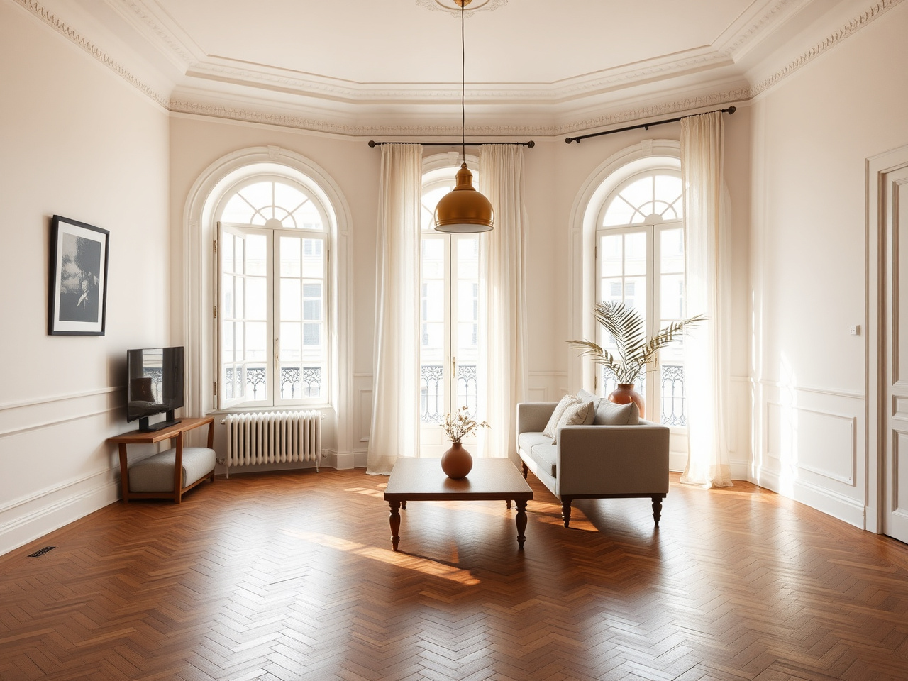 Turnkey apartment renovation in Barcelona — finished Eixample flat with restored mouldings, herringbone parquet and morning light