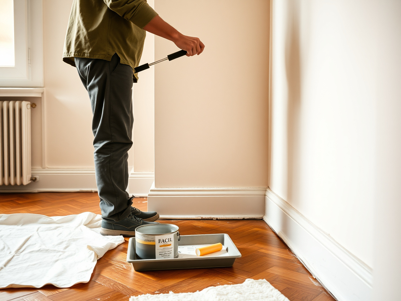 Full-apartment cosmetic — painter rolling a wall during refresh