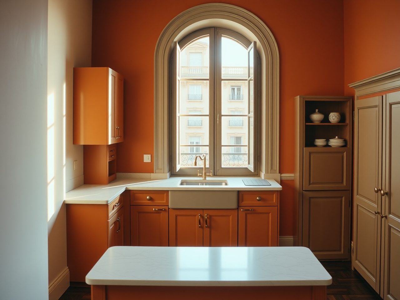 Renovated Eixample kitchen — ochre cabinets, marble worktop, golden hour