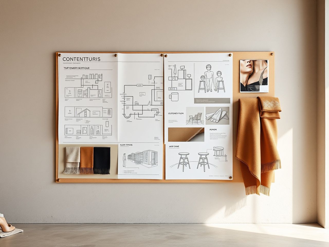 Commercial design concept — customer-flow plan, moodboard and material direction for 90 m² boutique in Eixample