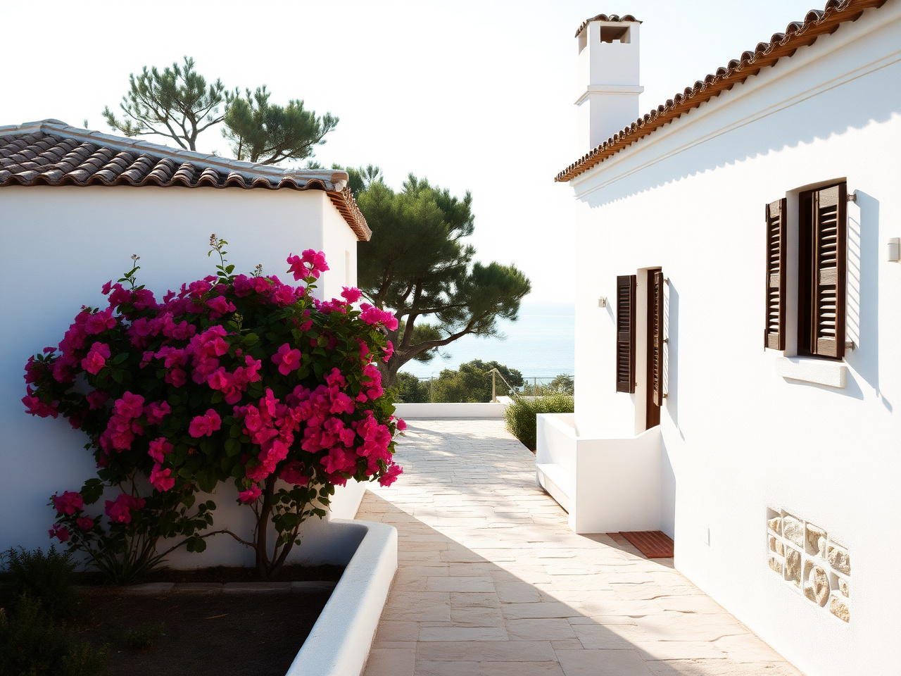 Mediterranean coastal villa — 250 m² Mallorca or Ibiza with white stucco and terracotta tile roof