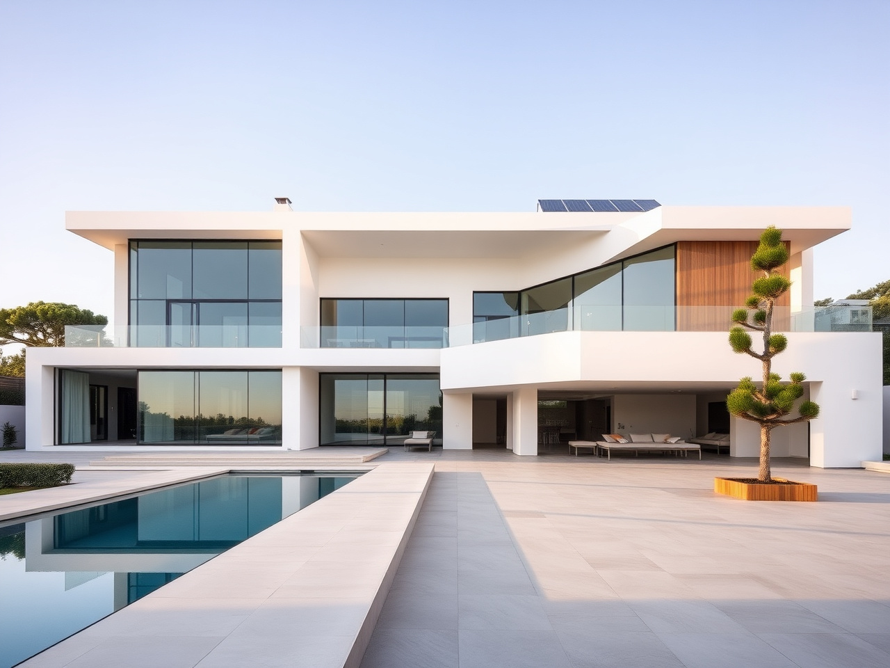Modern architect villa — 400 m² Madrid region or Galicia interior with cantilevered upper floor and infinity pool