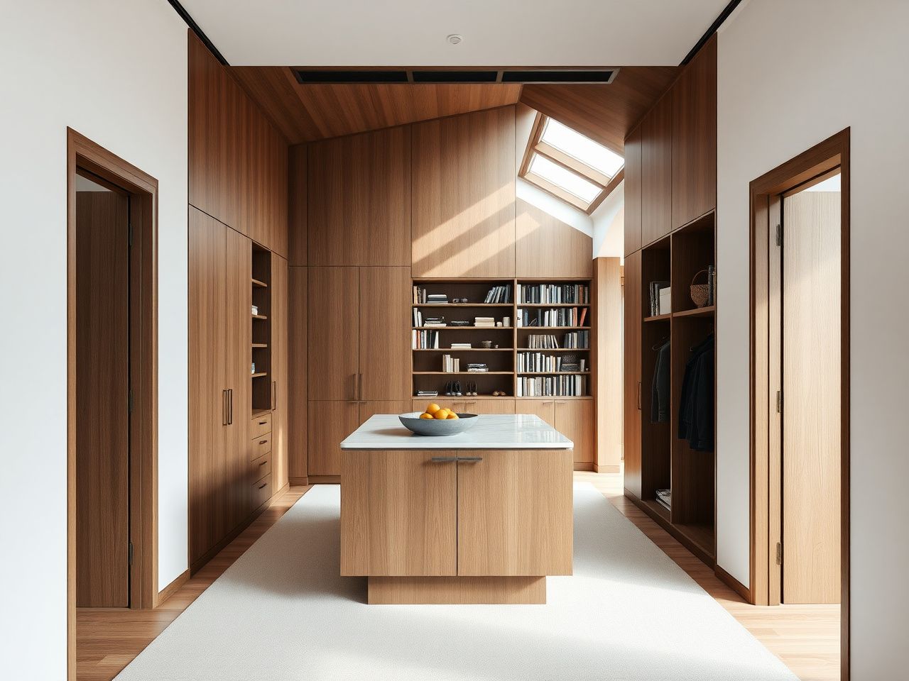 Designer custom joinery — walk-in wardrobe with island and library wall along sloped ceiling in Sarrià villa principal suite