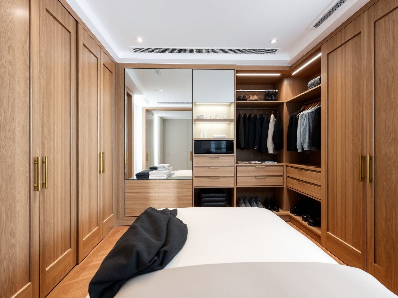 Premium custom wardrobe — oak veneer doors, brass handles, designed interior layout in 4-linear-m principal bedroom Eixample classic