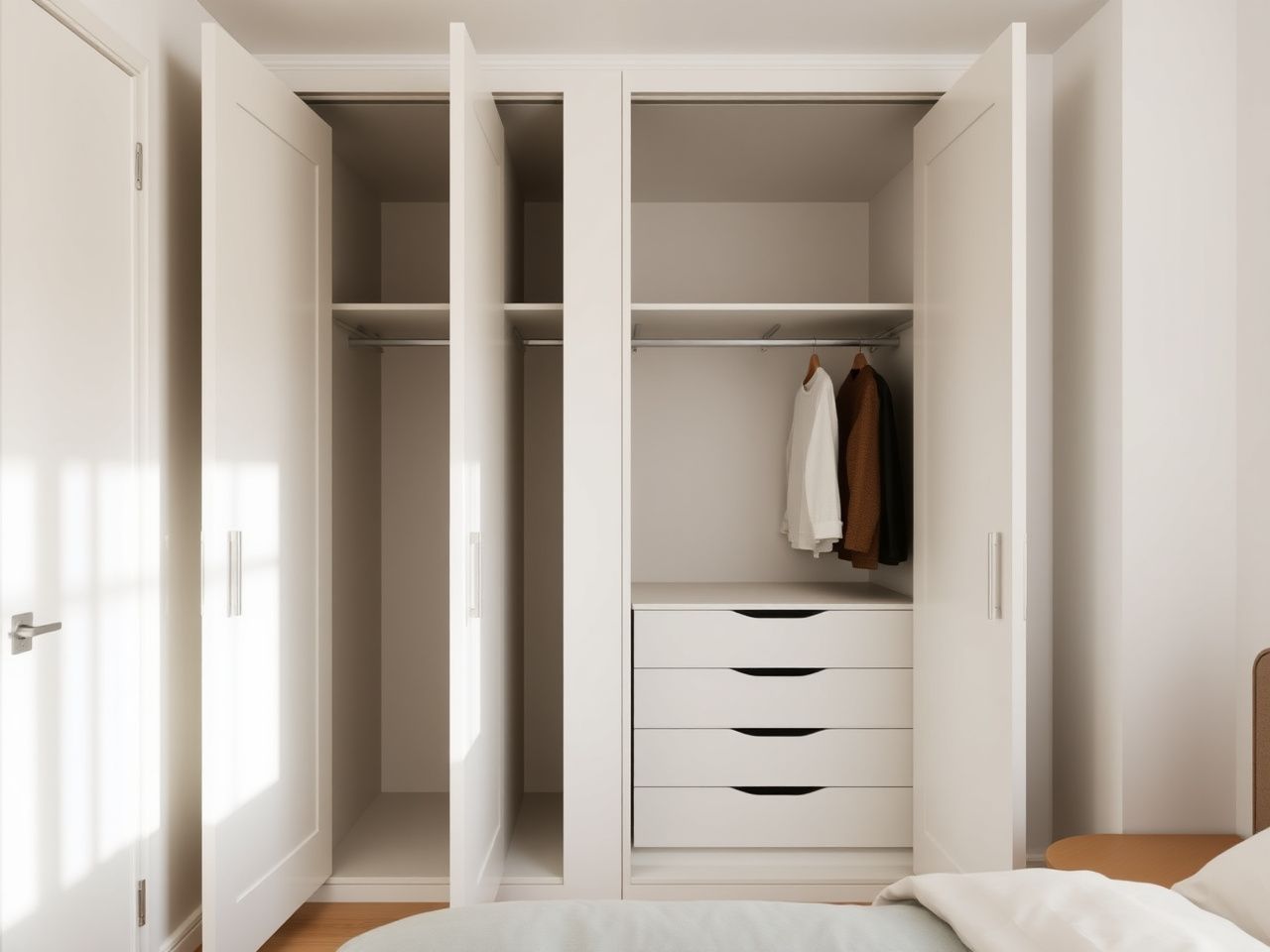 Standard custom wardrobe — white lacquered MDF doors, soft-close hinges, made-to-fit alcove in 3-linear-m bedroom Sant Antoni