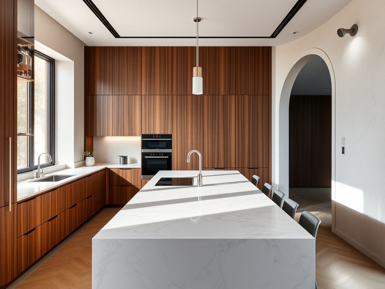 Designer custom kitchen — marble island, hidden integration, walk-in larder in 8-linear-m open-plan Sarrià villa