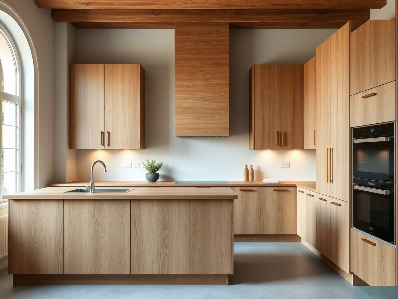 Premium custom kitchen — oak veneer doors, full-stave oak worktop, integrated Miele appliances in 6-linear-m L-shape Eixample classic