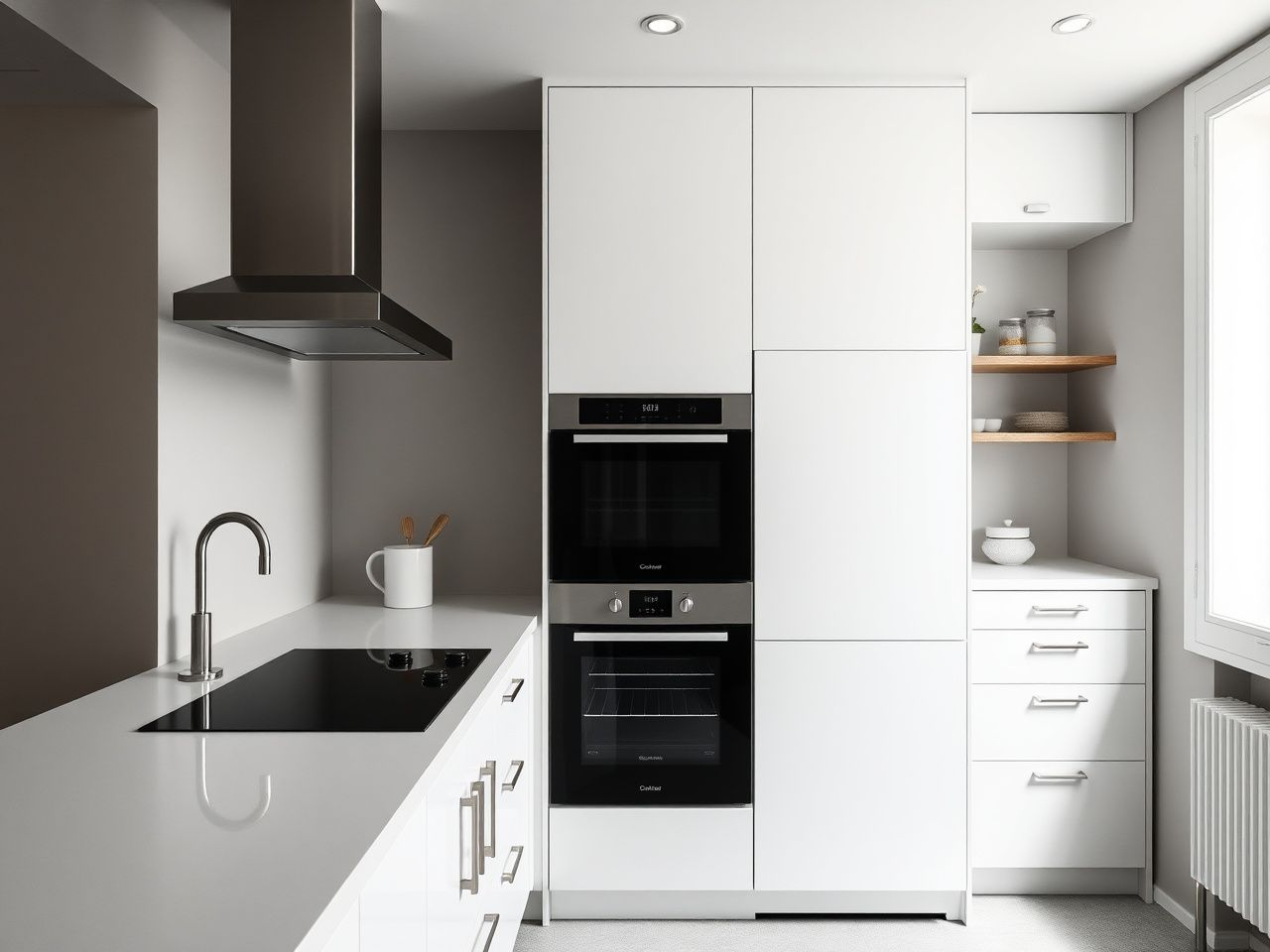 Standard custom kitchen — white lacquer doors, quartz worktop, free-standing appliances in 4-linear-m galley Sant Antoni