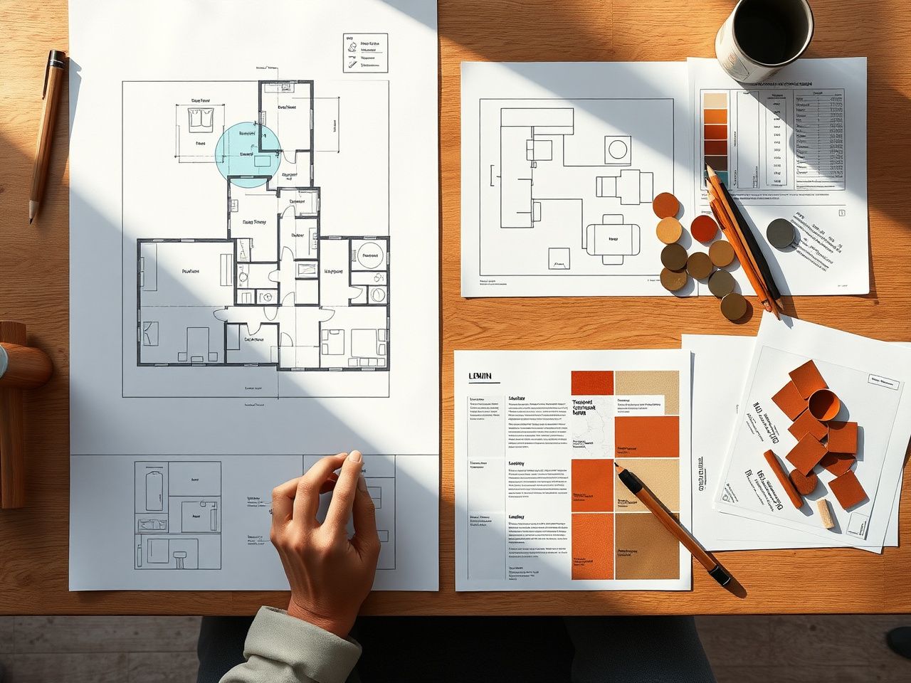 Concept package — architect's working table for villa interior with floor-by-floor layout sketches, zoning diagrams, mood board