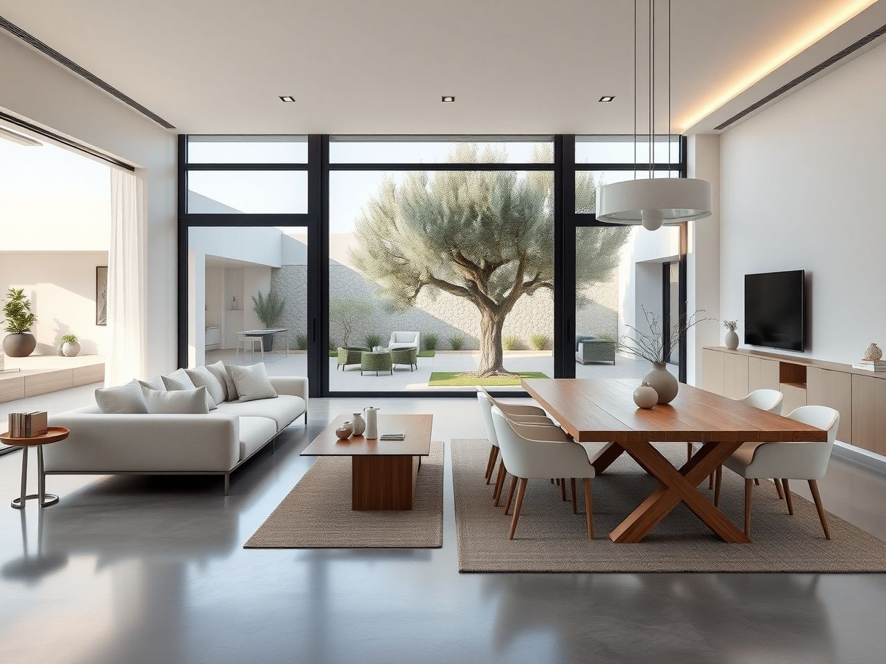 Full design — Mediterranean villa main zone with open-plan living and dining, integrated lighting, oak parquet, internal patio glimpse