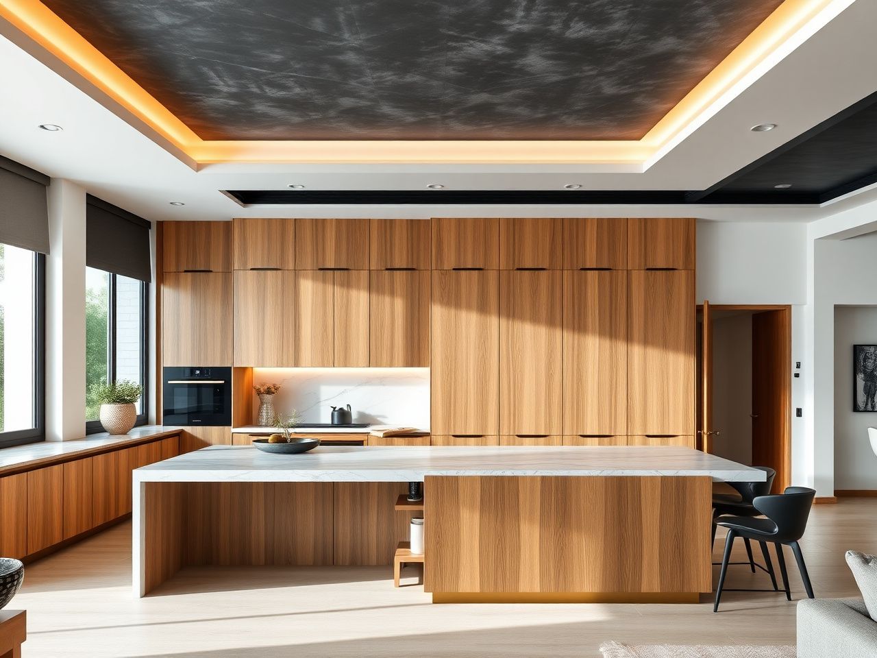 Premium with supervision — designer villa kitchen and family room with custom oak-and-brass joinery, marble island, recessed lighting plan