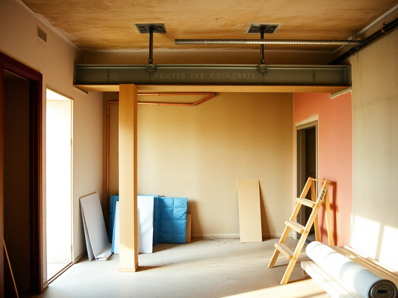 Full structural major renovation — steel I-beam install replacing load-bearing wall, MEP rough-in