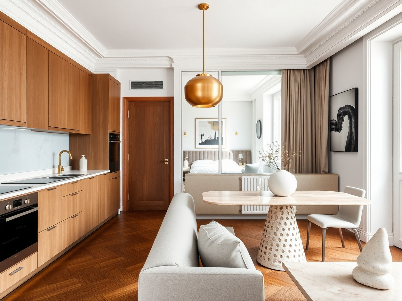Owner standard 1-bed — 60 m² Eixample with real open kitchen, oak parquet, isolated bedroom