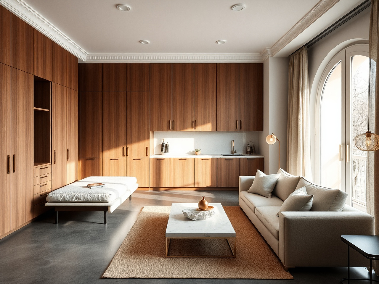 Designer micro-loft — 45 m² Eixample studio with custom walnut joinery wall and Murphy bed