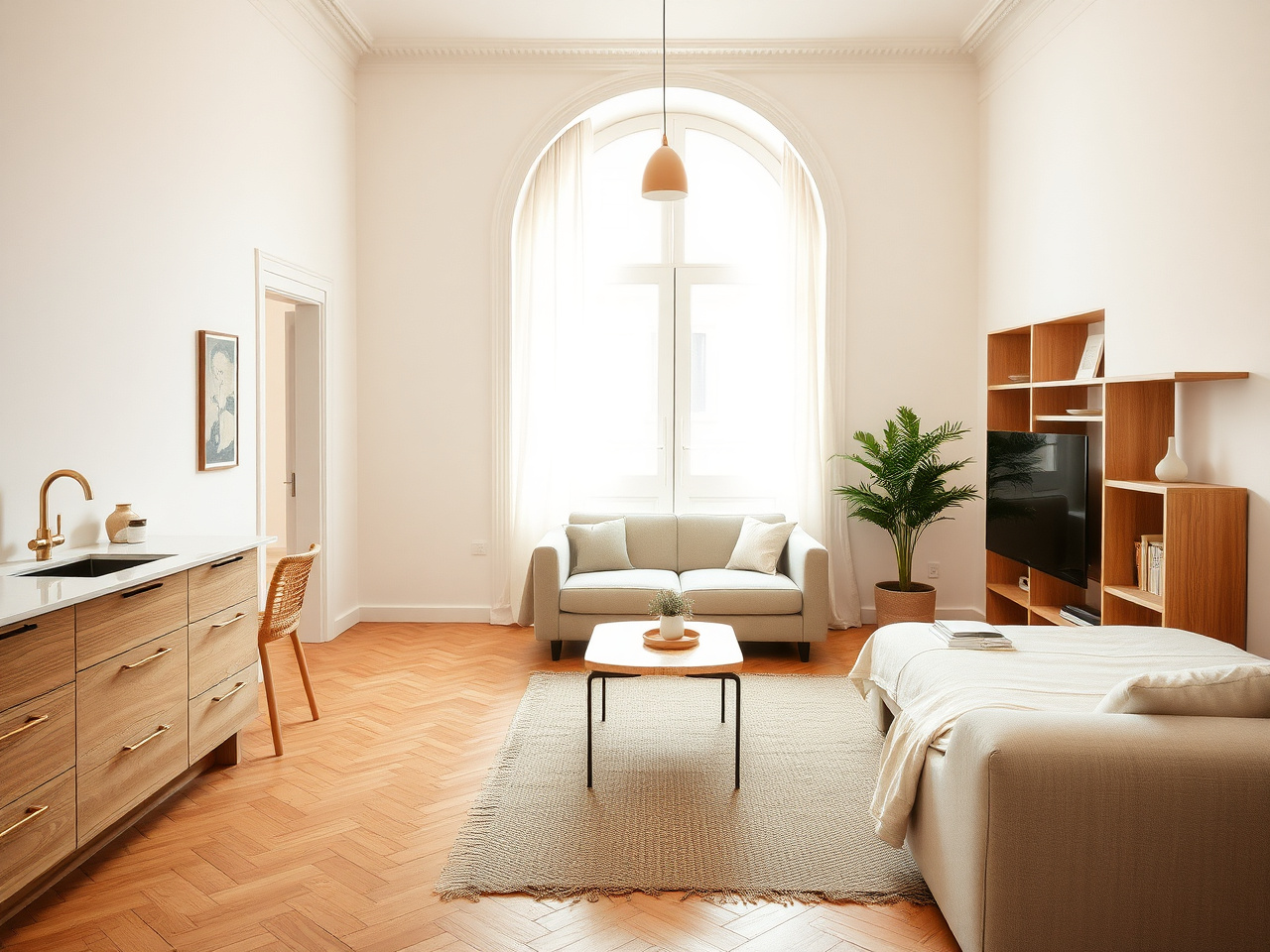 Owner-occupied studio — 40 m² Eixample with oak parquet, integrated kitchen, low partition