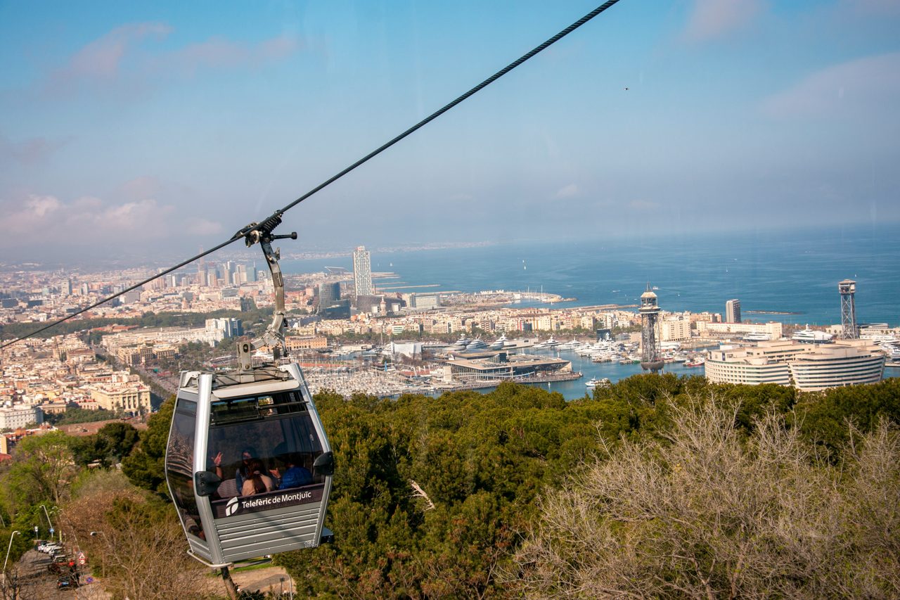 Couple in a cable car over Barcelona
