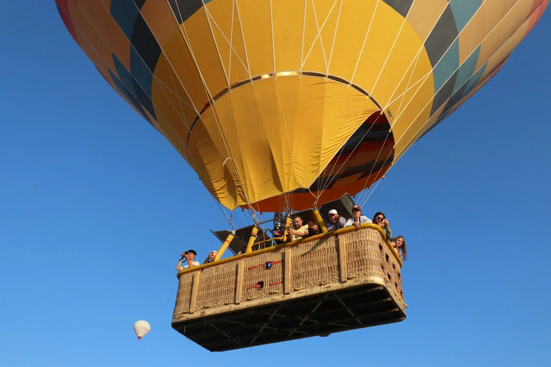 A shared balloon basket with passengers on board